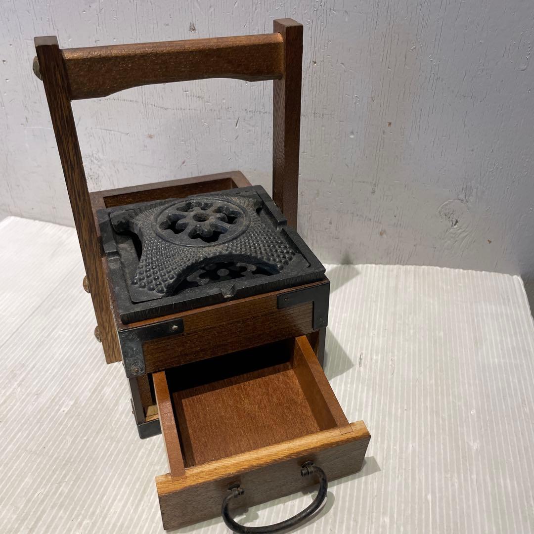 一点もの 希少品 【和骨董】木製 火鉢 煙草盆 抽斗付き 時代物 灰皿付き