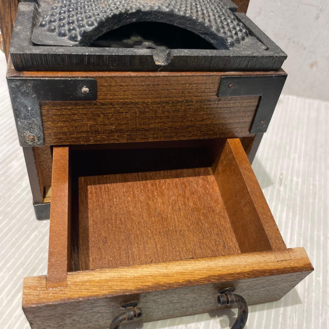 一点もの 希少品 【和骨董】木製 火鉢 煙草盆 抽斗付き 時代物 灰皿付き