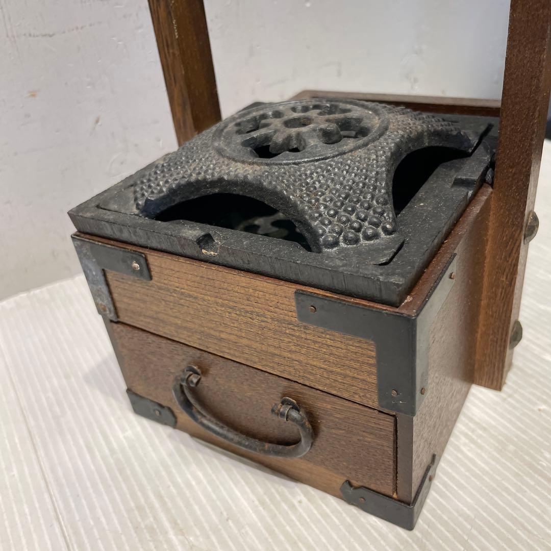 一点もの 希少品 【和骨董】木製 火鉢 煙草盆 抽斗付き 時代物 灰皿付き