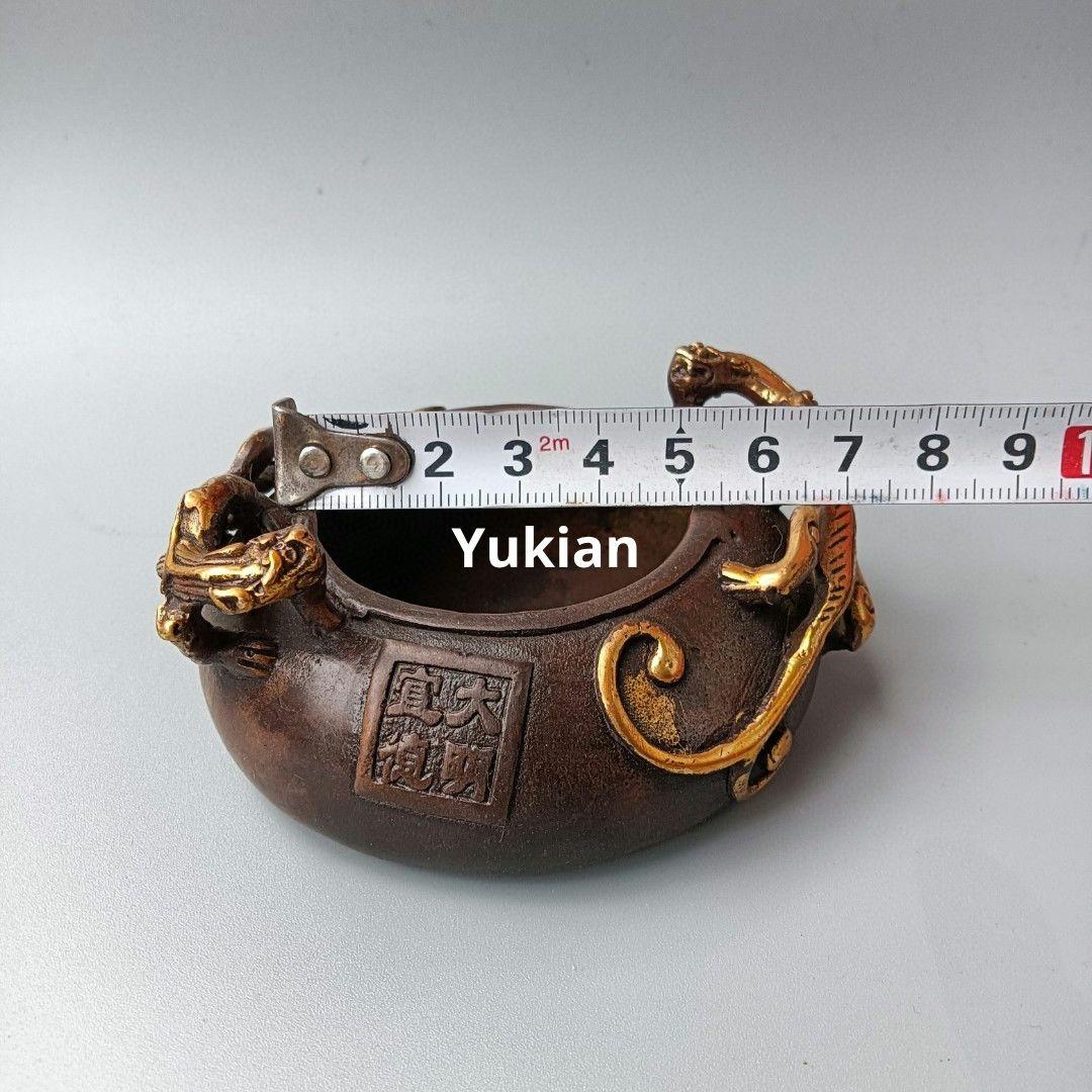 銅製 双龍耳灰皿 筆洗 書道具 文房具 工芸品 装飾品