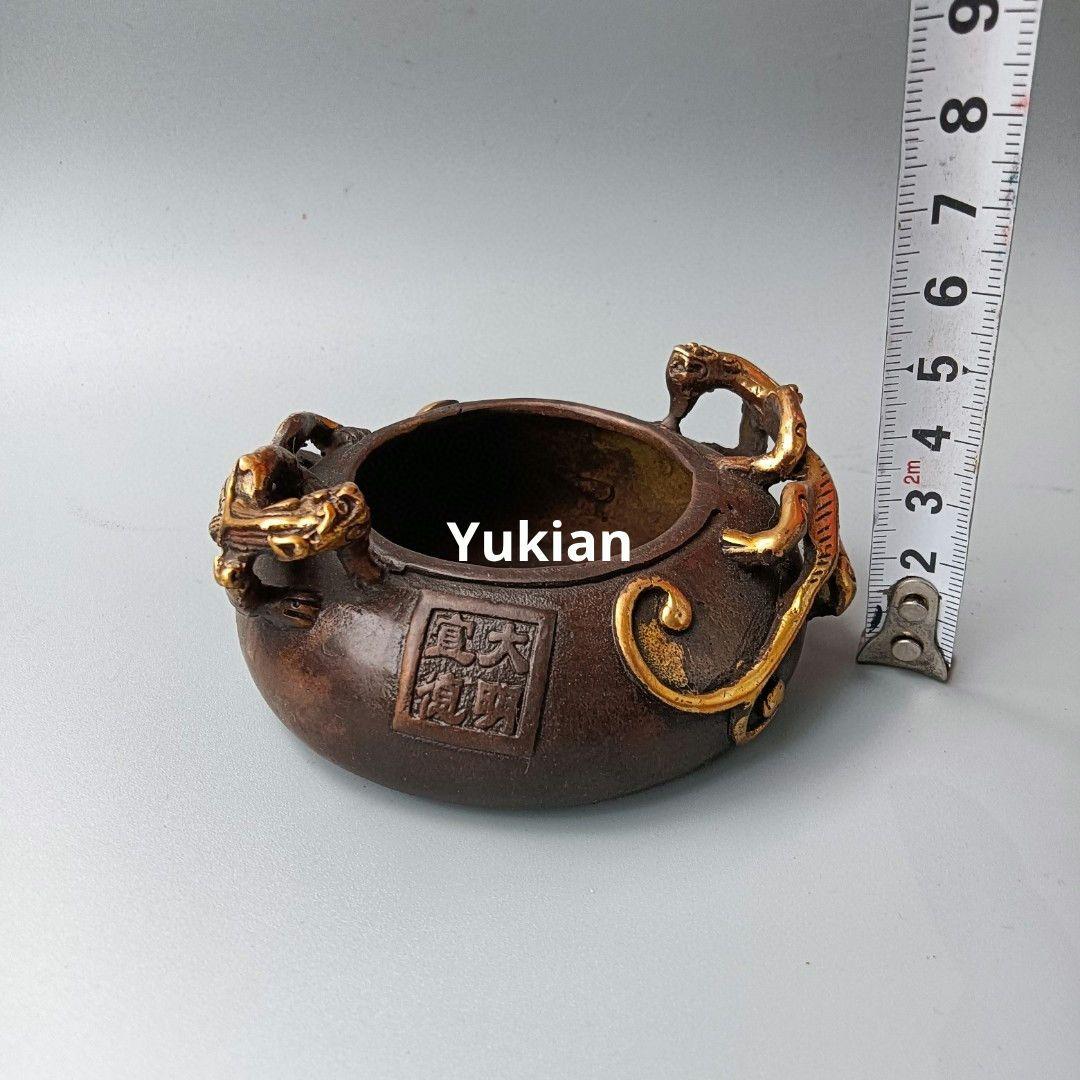 銅製 双龍耳灰皿 筆洗 書道具 文房具 工芸品 装飾品