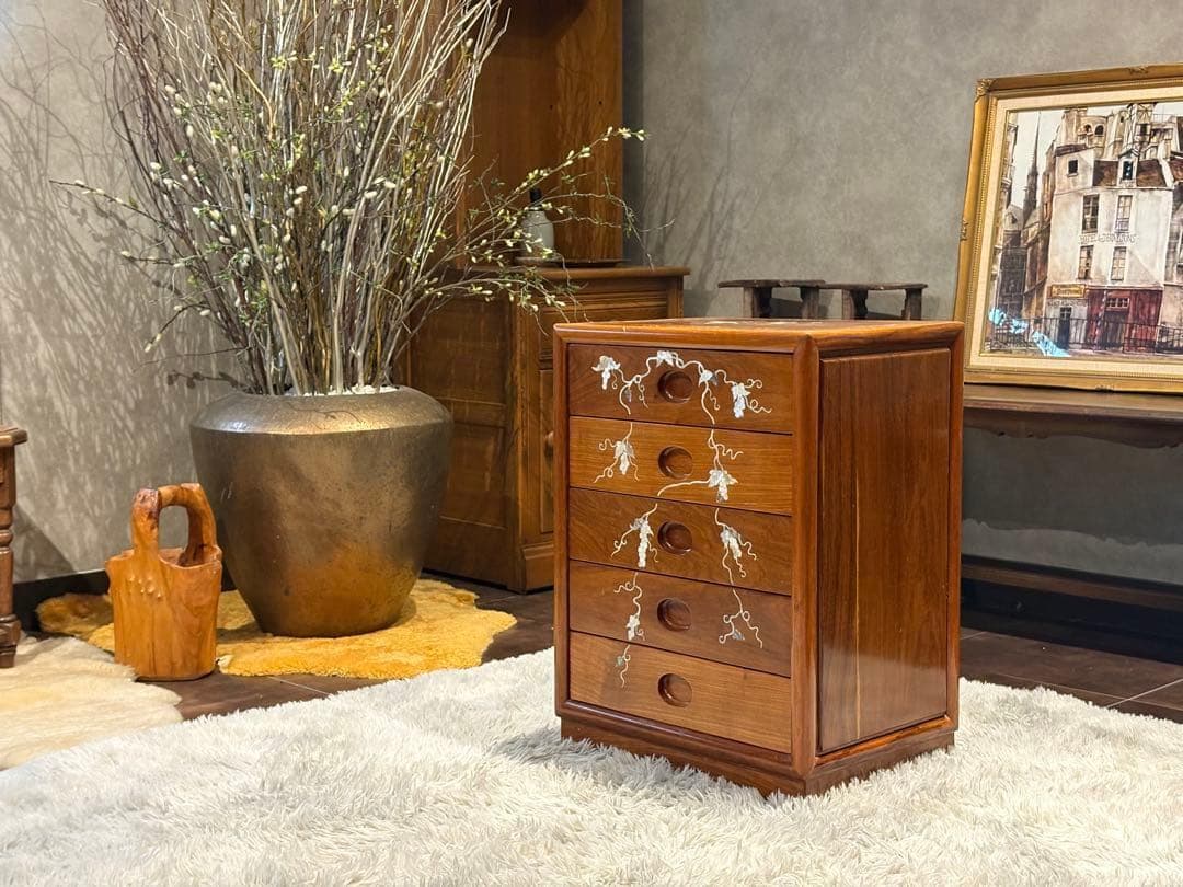 希少　唐木　5段チェスト　螺鈿細工　螺鈿家具　アンティーク 骨董　花梨　GZ