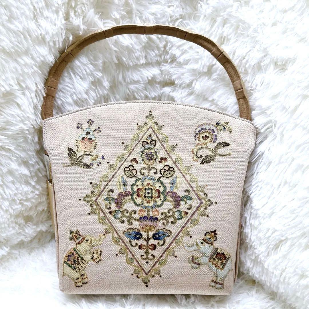 【未使用品】岡重　オカジマ　皇室御用達　和装バッグ　絹100% 象 花柄