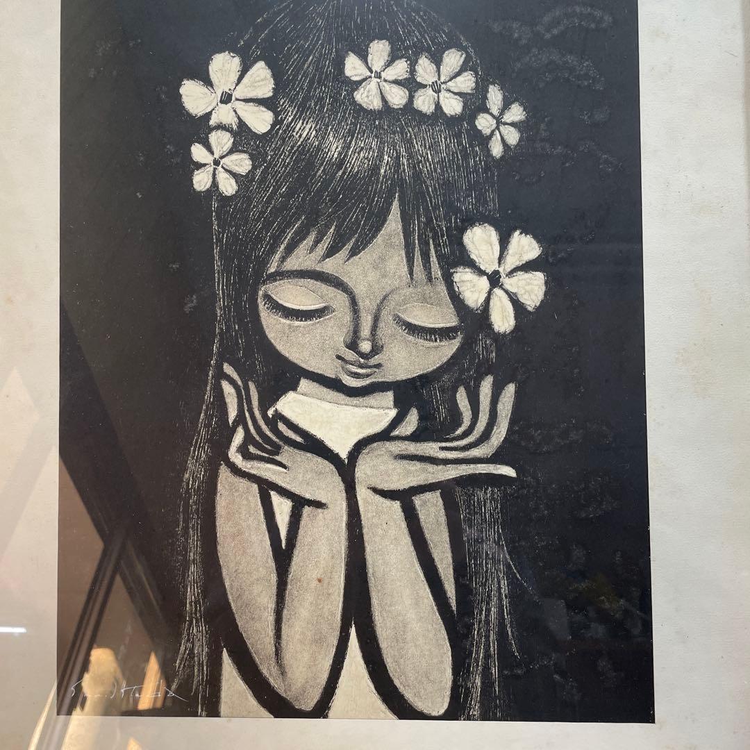 a*1様 Shun Takeda ？木版画　花飾り？QW4396
