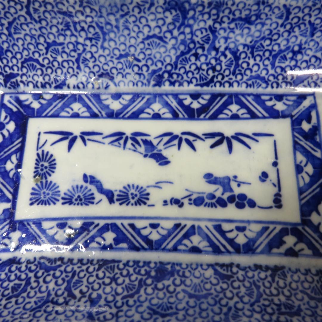 角皿 角長皿 印判 染付 微塵唐草 明治 大正 ベロ藍 松竹梅 窯傷