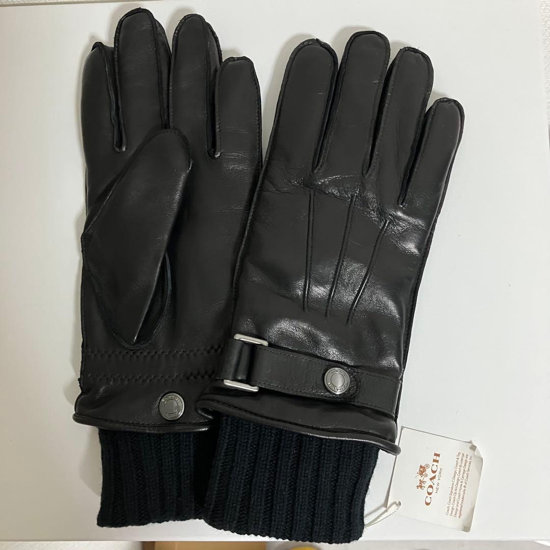 【タグ付き新品】COACH コーチ 羊革メンズ レザー手袋 カシミヤ混 黒