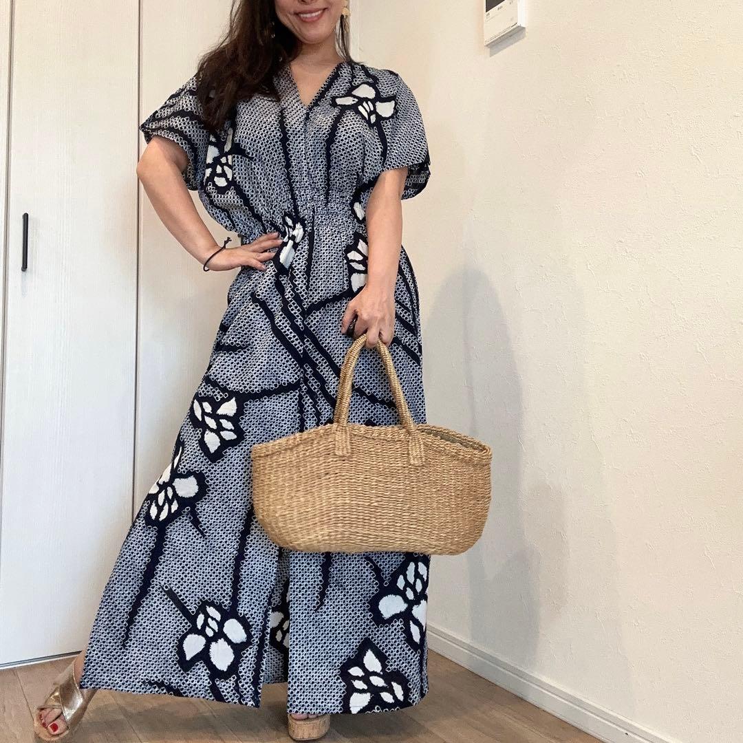 浴衣　リメイク　有松絞り　ワンピ ハンドメイド　ロング　シンプル　単色　あやめ