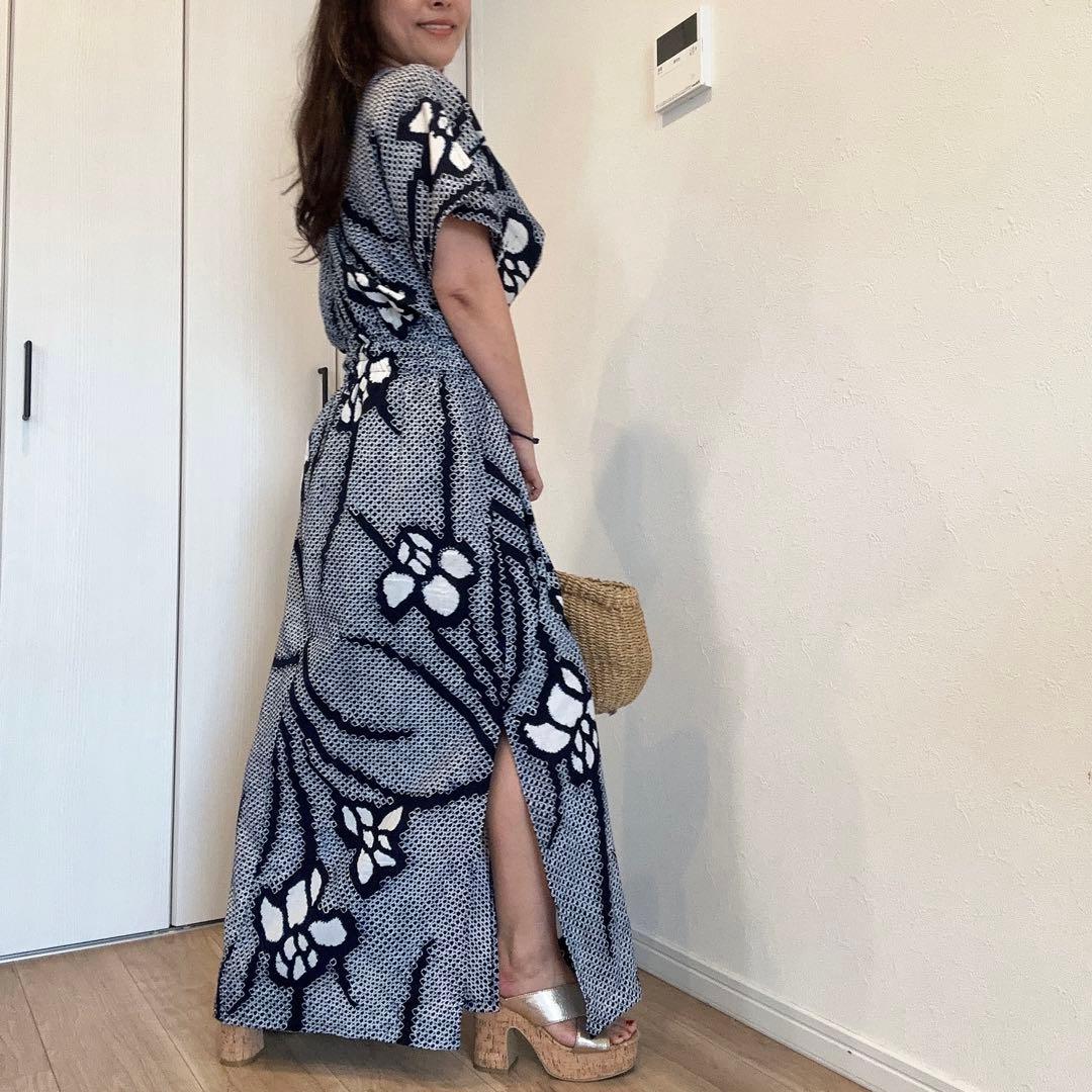 浴衣　リメイク　有松絞り　ワンピ ハンドメイド　ロング　シンプル　単色　あやめ