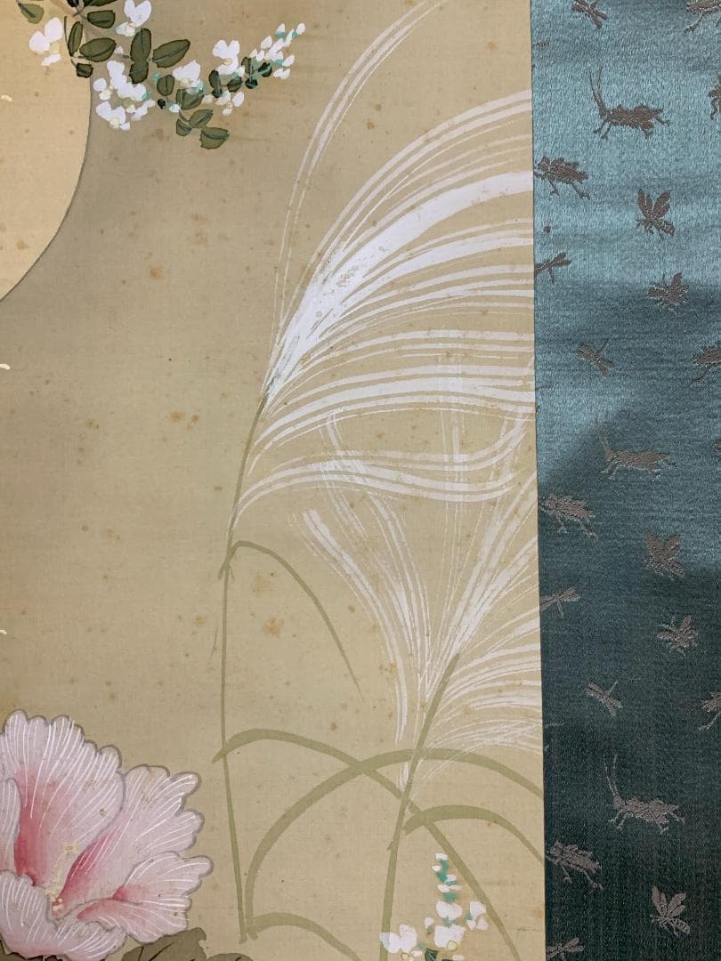 谷口月窓 月に萩 秋草花に飛蝗図 絹本 肉筆 掛軸 日本画 幕末期 896