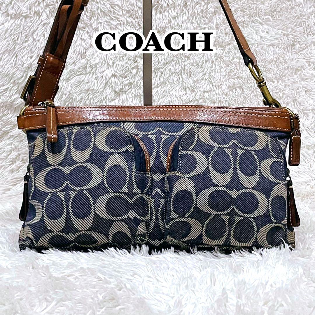 極美品 コーチ ワンショルダー バッグ シグネチャー デニム レザー ネイビー