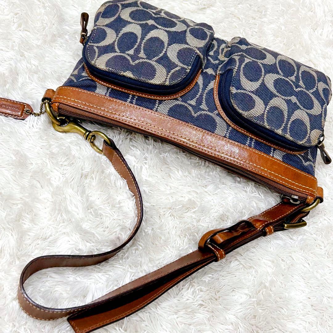 極美品 コーチ ワンショルダー バッグ シグネチャー デニム レザー ネイビー