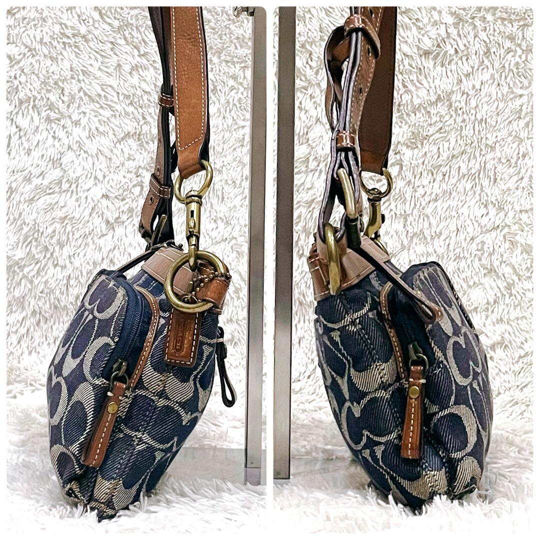 極美品 コーチ ワンショルダー バッグ シグネチャー デニム レザー ネイビー