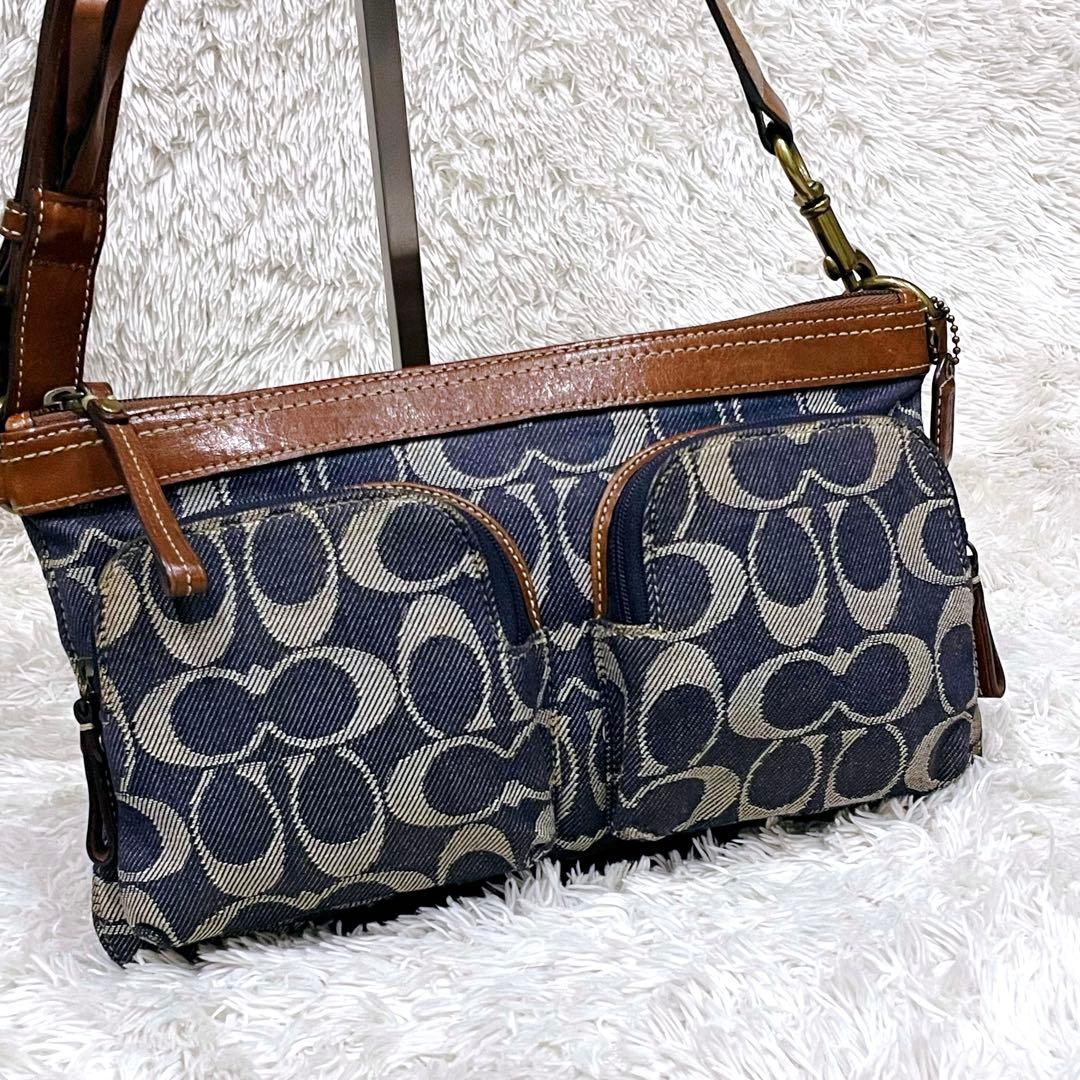 極美品 コーチ ワンショルダー バッグ シグネチャー デニム レザー ネイビー