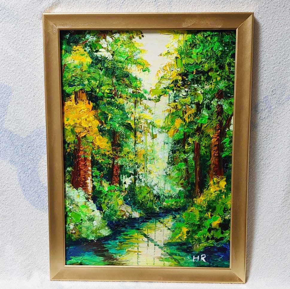 油絵 絵画 【森の湖】【Ａ3】