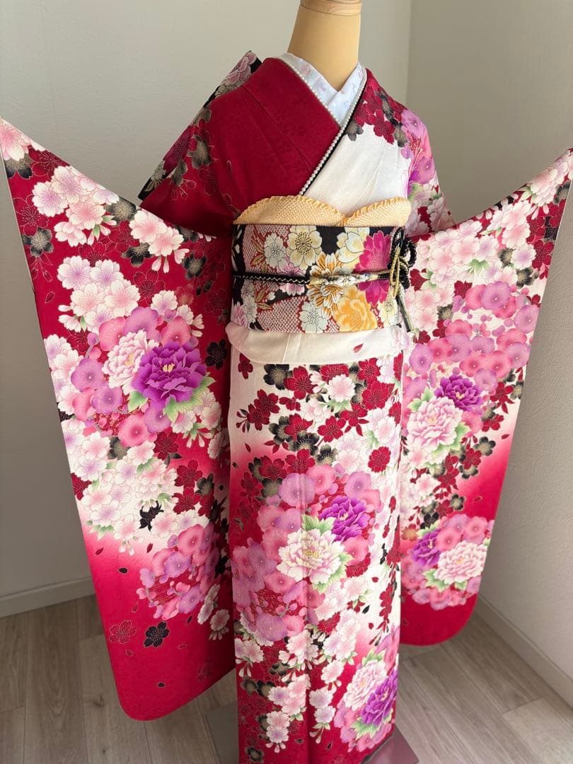 可愛い♡振袖フルセット（７点）　正絹　成人式　白・赤系