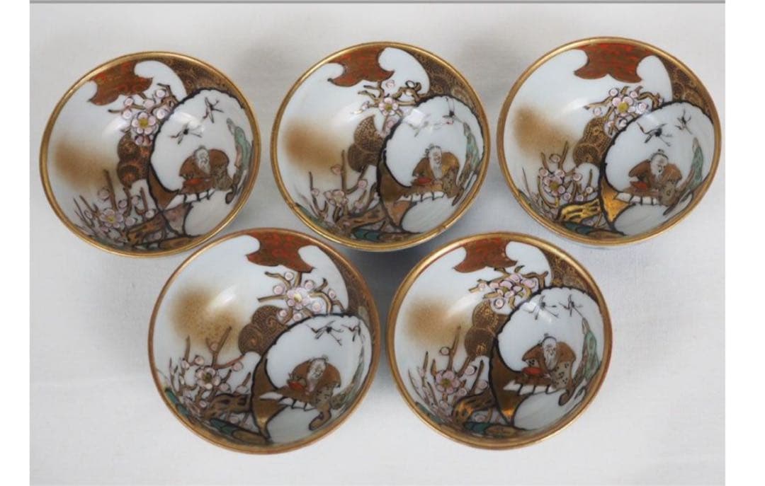 送料無料　明治～大正期　細密絵九谷焼煎茶碗5客　本金使用 完品無傷