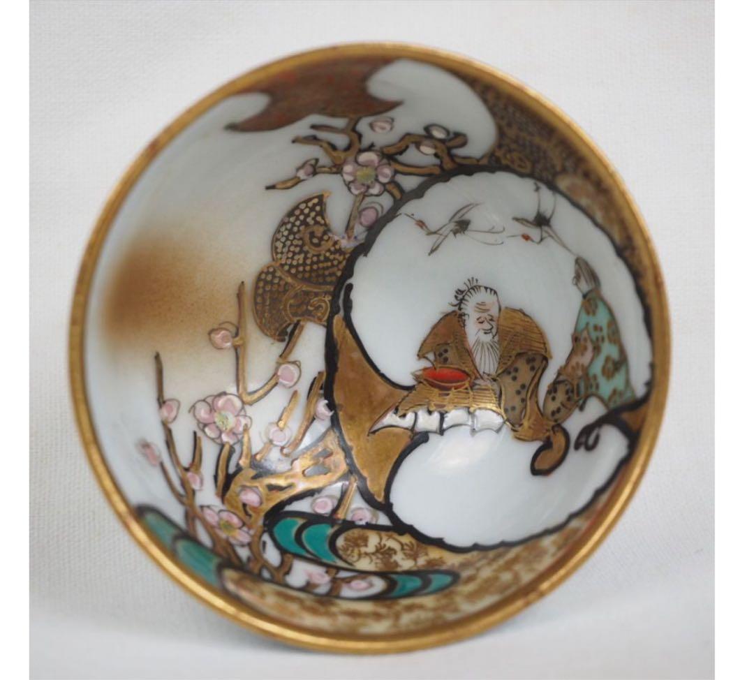 送料無料　明治～大正期　細密絵九谷焼煎茶碗5客　本金使用 完品無傷