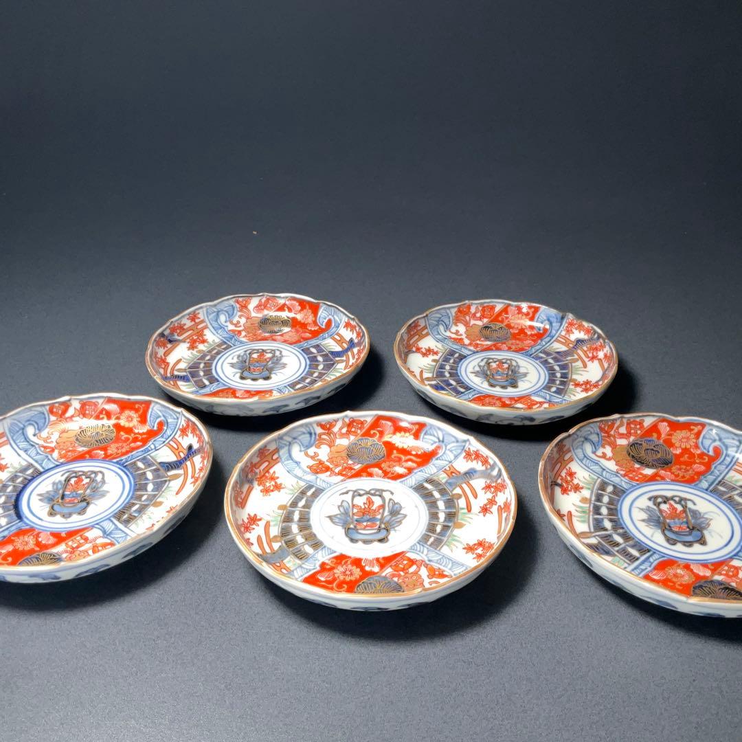 伊万里金襴手 花籠図小皿５枚組　桐箱付　∅11　骨董　古伊万里　R1292お12
