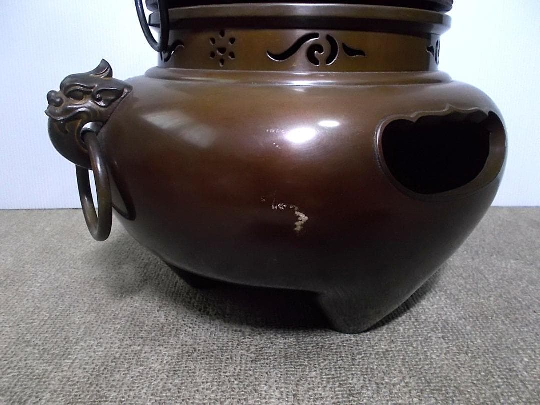 人間国宝高橋敬典作 唐銅霰鬼面風炉 銀摘み? アラレ茶釜未使用 釜環 送料込み