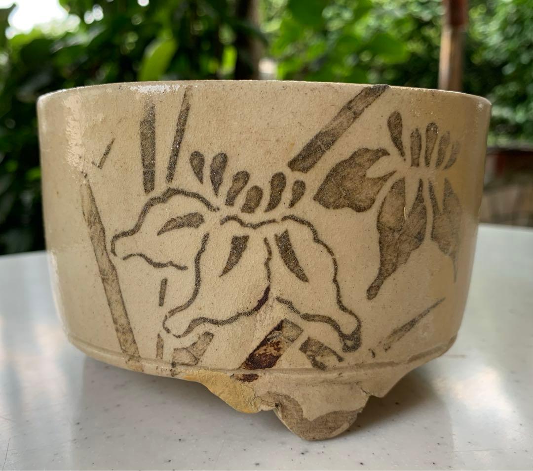 希少　江戸時代　美濃　鉄摺絵　菖蒲図　三足　野香炉