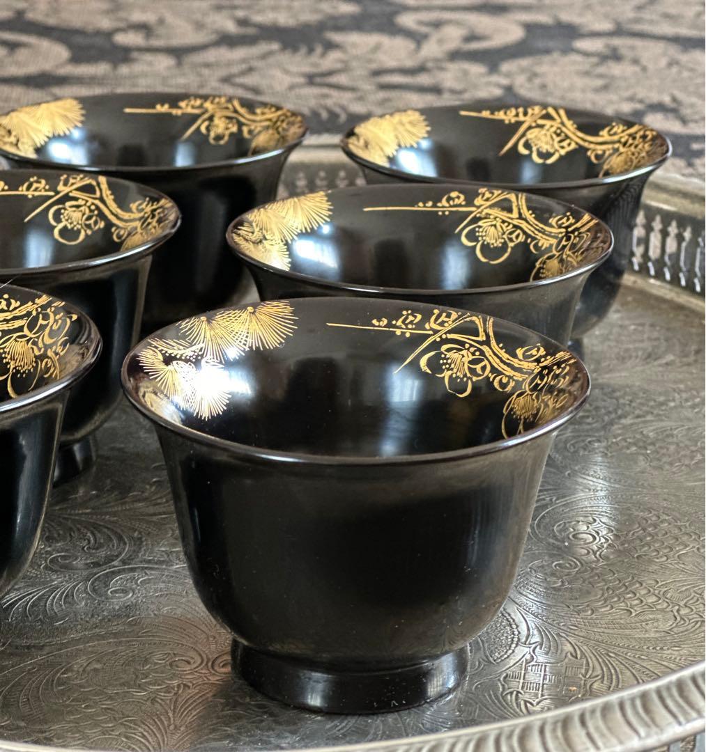 松竹梅手描き　漆器椀6客　大正時代