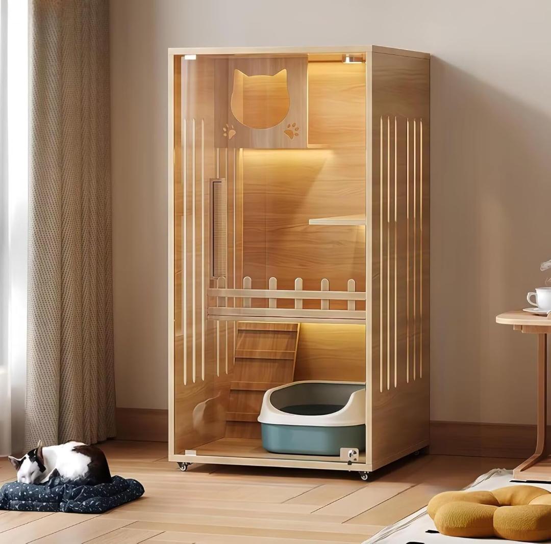 TUIYIDUO 猫 ケージ 木製 キャットケージ キャスター ガラスドア 3階