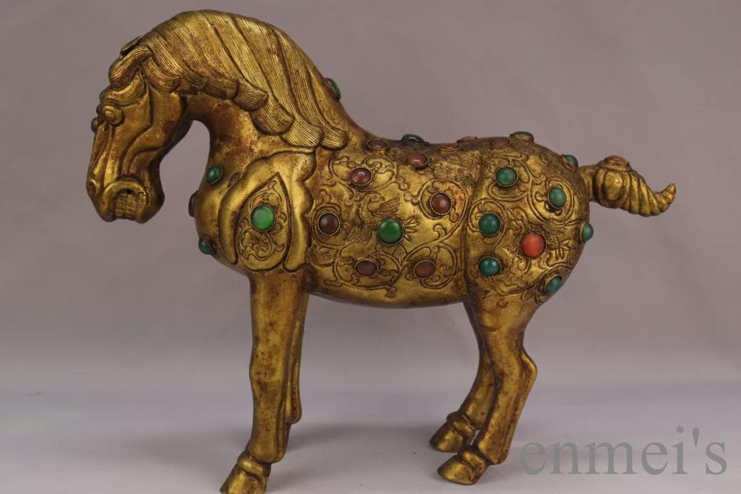 中国古美術 旧蔵 鍍金銅馬 精銅製 鍍金装飾 彫刻馬像 置物 純手作り 古美味