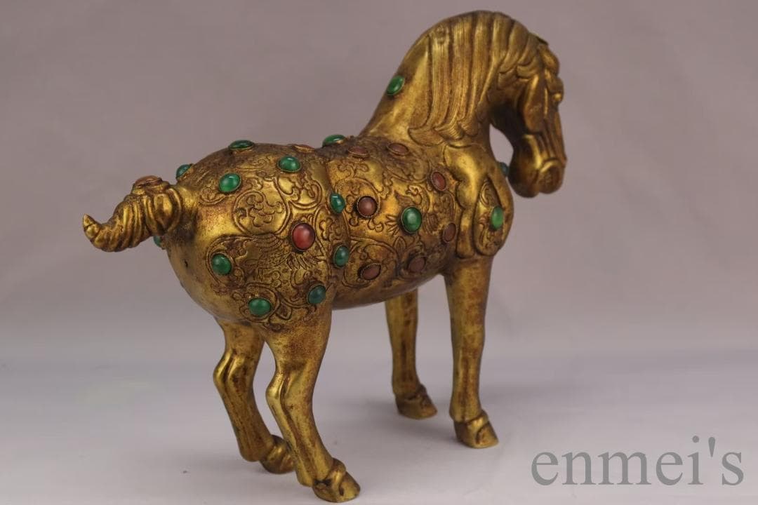 中国古美術 旧蔵 鍍金銅馬 精銅製 鍍金装飾 彫刻馬像 置物 純手作り 古美味