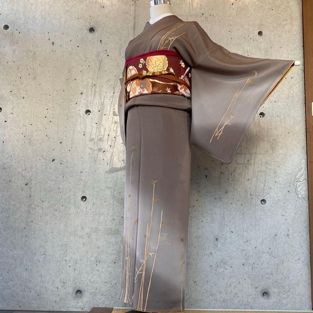 正絹　訪問着　ちりめん　茶色系　袷