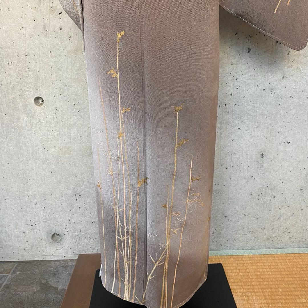 正絹　訪問着　ちりめん　茶色系　袷