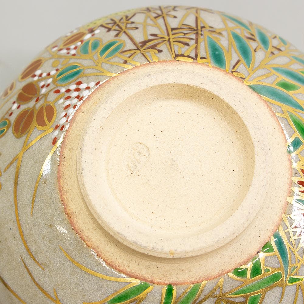 膳所焼 窯元 陽炎園 造 淡海ぜぜ 色絵秋草茶碗 共箱 茶道具 抹茶碗