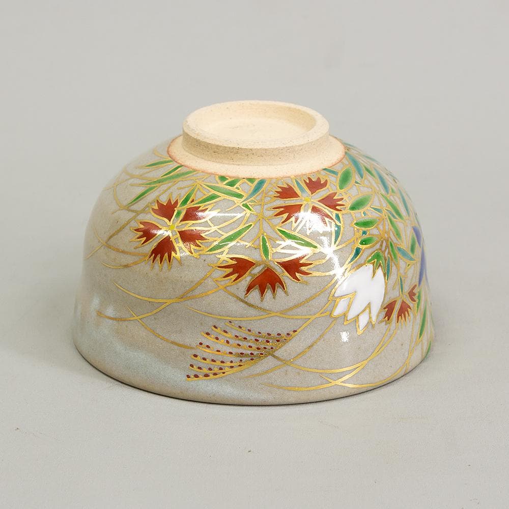 膳所焼 窯元 陽炎園 造 淡海ぜぜ 色絵秋草茶碗 共箱 茶道具 抹茶碗