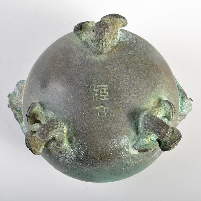 平安　秦蔵六造　青銅　鹿摘　霊芝三つ足香炉　共箱　M　R7402