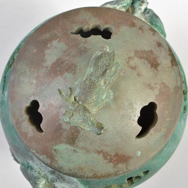 平安　秦蔵六造　青銅　鹿摘　霊芝三つ足香炉　共箱　M　R7402