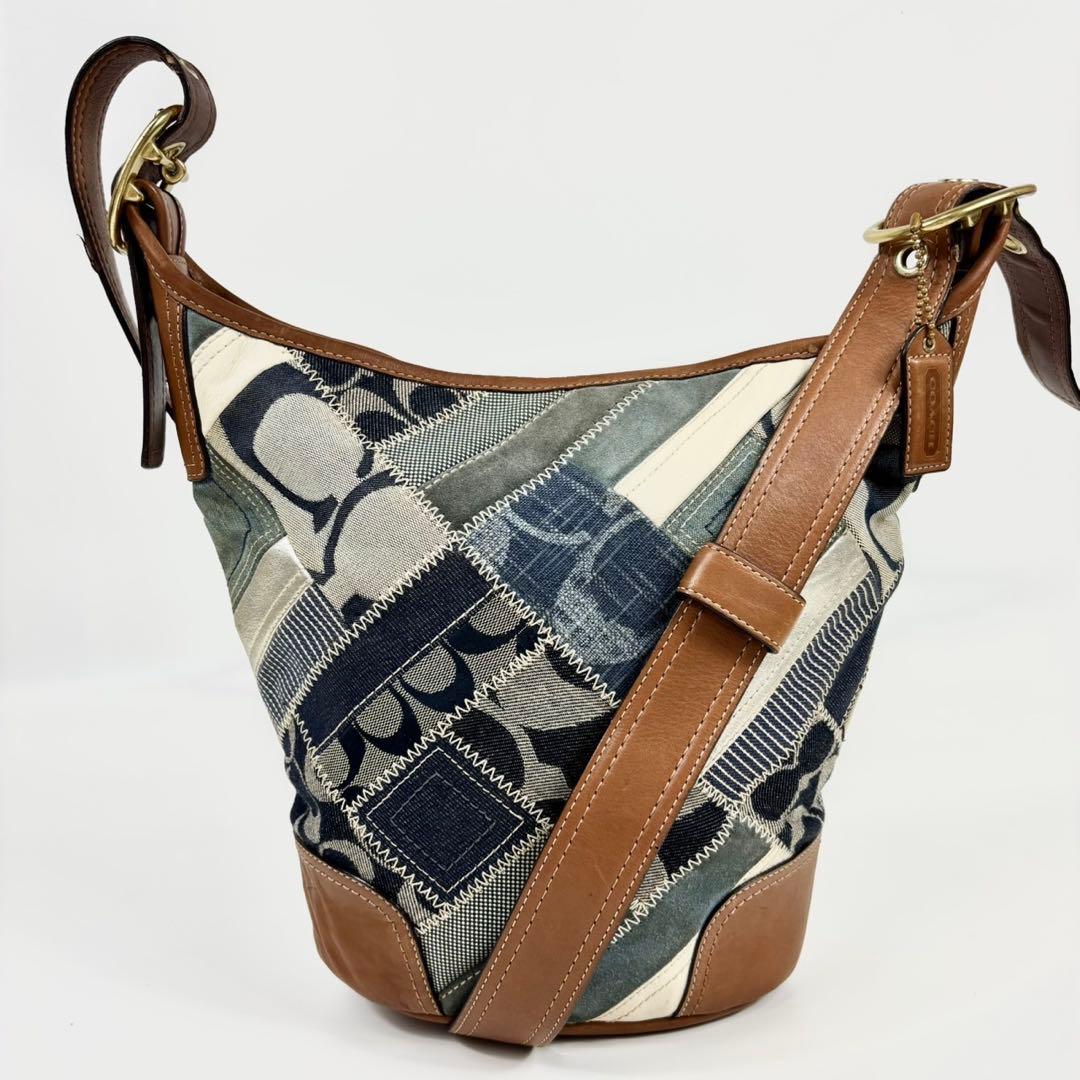 COACH コーチ ショルダーバッグ デニム ブルー パッチワーク バケツ型