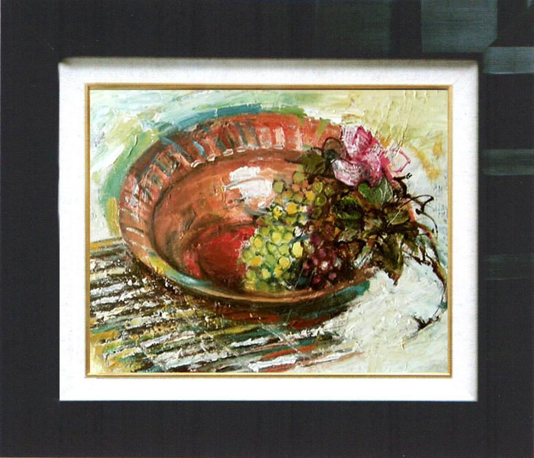 油絵 菅家令子 絵画インテリア額付(青緑＋金色の枠) F4-110502フルーツ