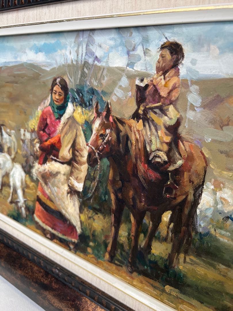 Liu Yong 油彩画 チベット　伝統的な衣装の人物と馬