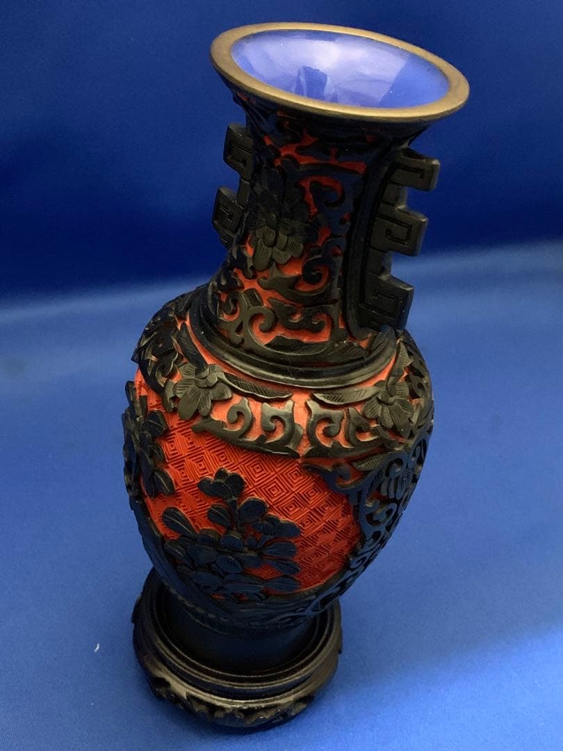 村上堆朱 黒堆朱花瓶 径83xh200台含