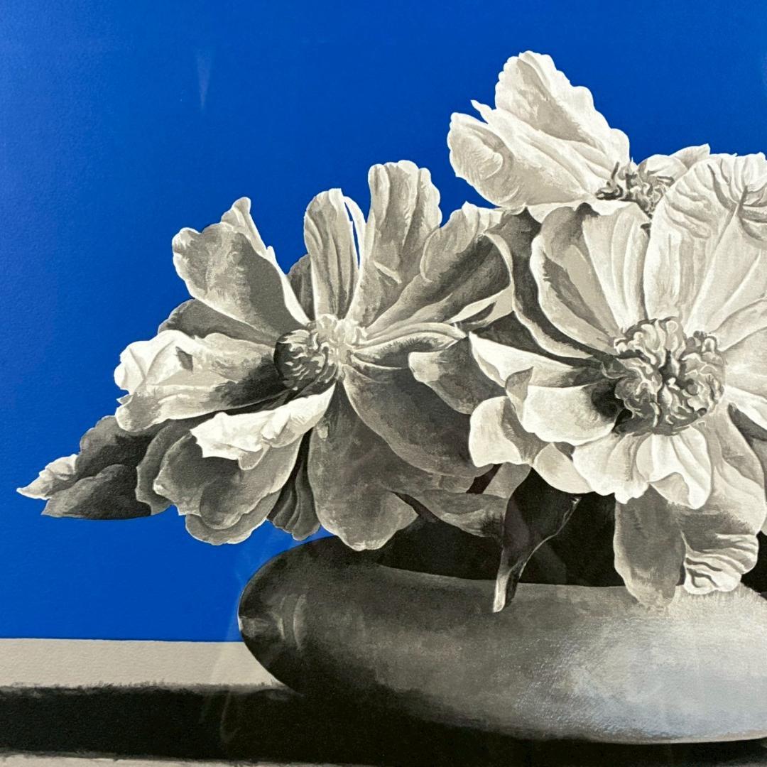 美品 藤田吉香「白い花」リトグラフ 直筆サイン・落款入り 額縁入り