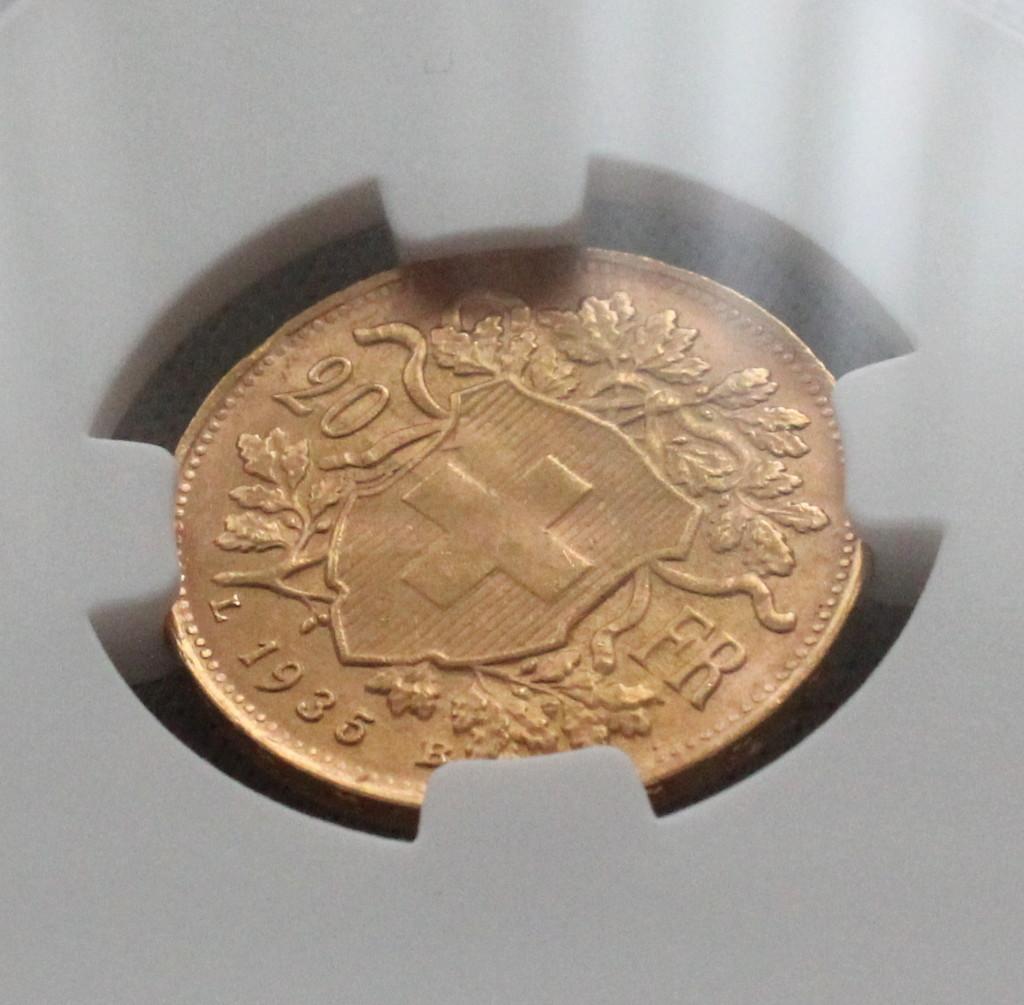 1935年 スイス ブレネリ アルプスの少女 20フラン 金貨 NGC MS65
