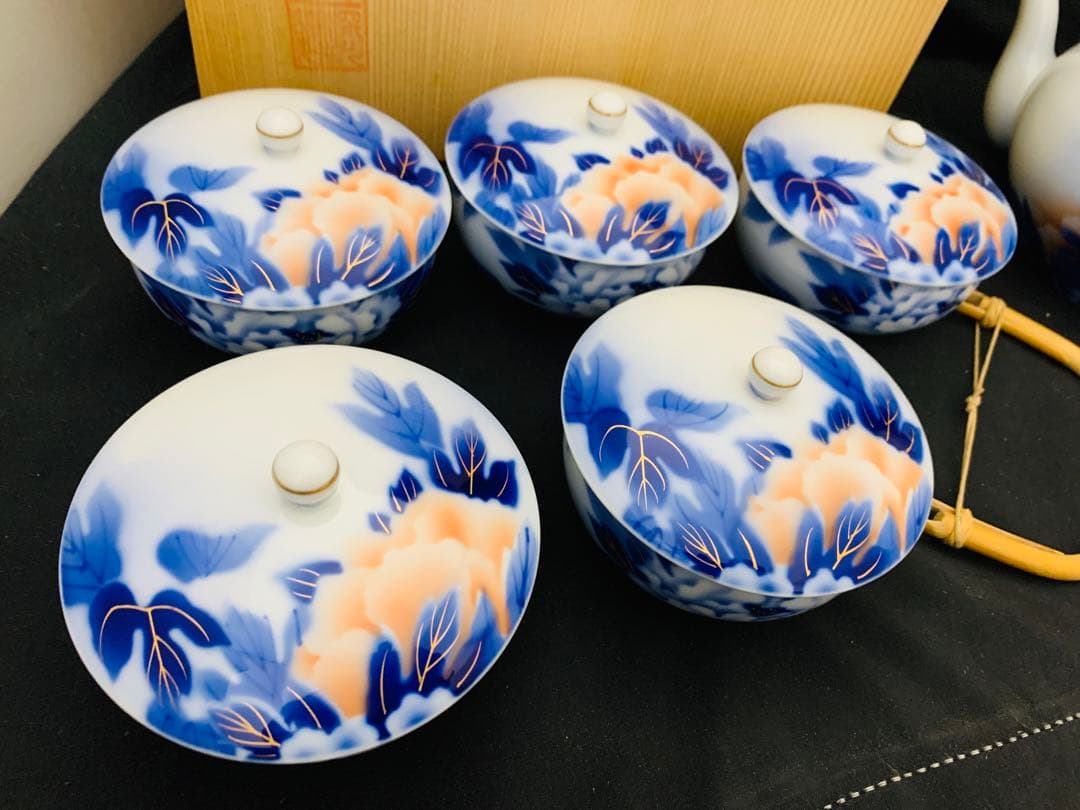 深川製　茶器揃　有田焼　急須　蓋付湯呑み5客　共箱付き