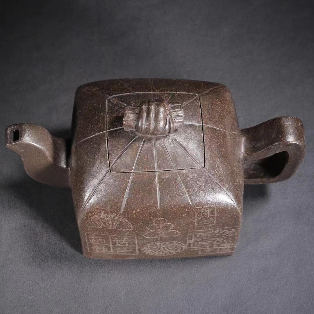 中国古美術・宜興原鉱古銅泥壺・紫砂壺・品名：印包・底款：厚徳載物・朱泥・急須