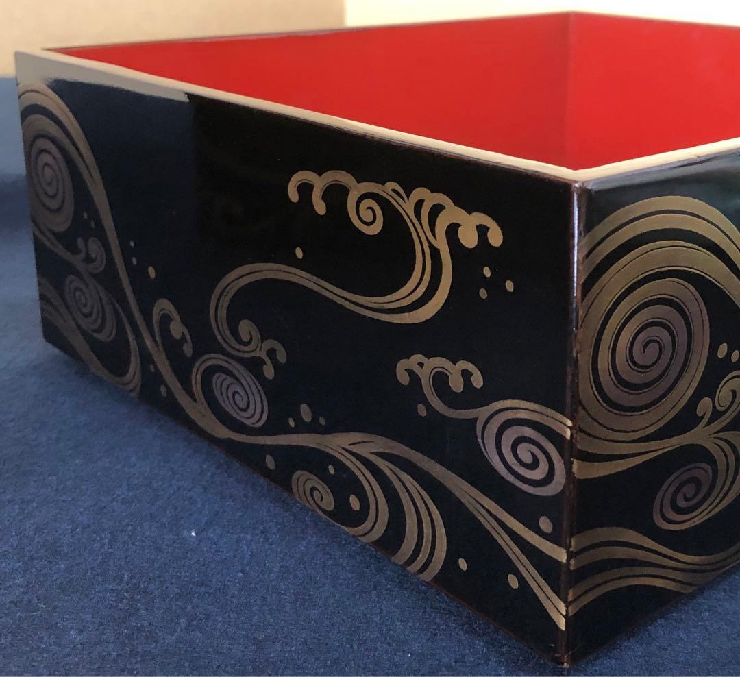 《R》黒内朱 波蒔絵 四段重 替蓋付 木製漆器 木箱　260121き6