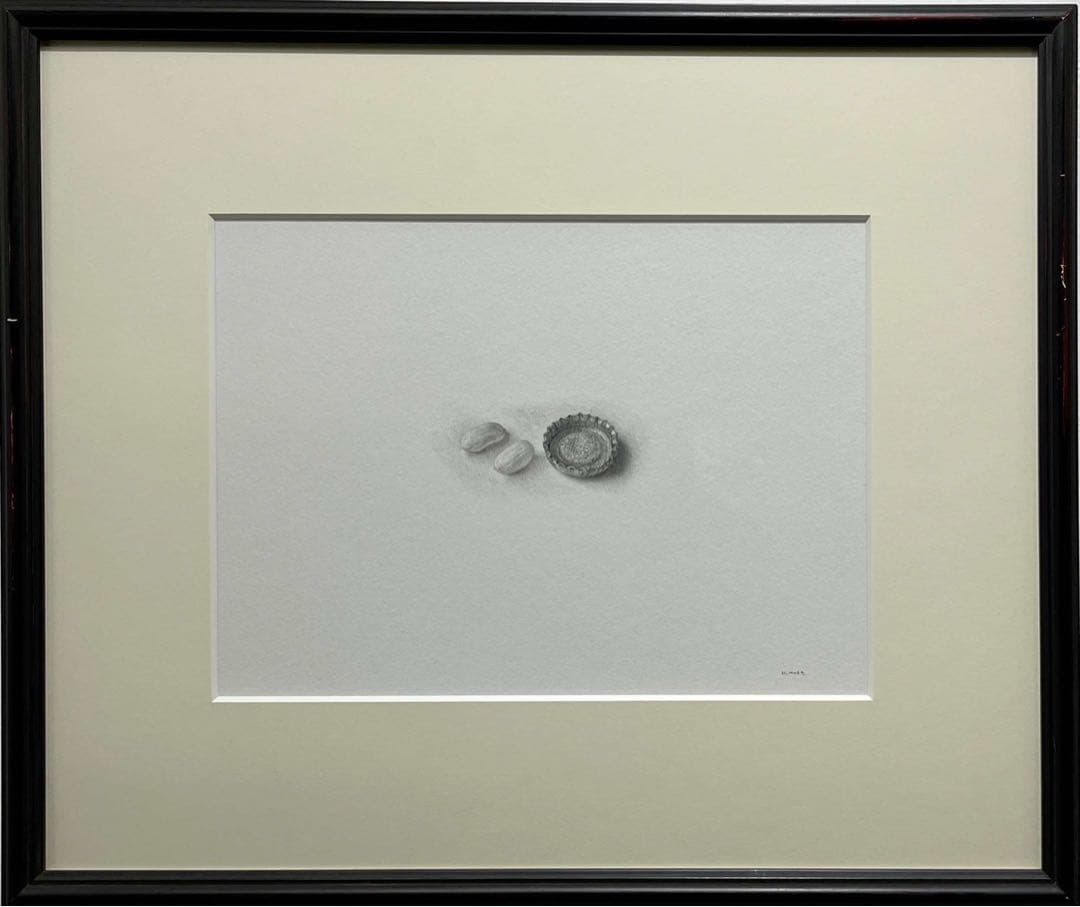 野田弘志　ピーナッツとビールのせん　1985年 鉛筆画