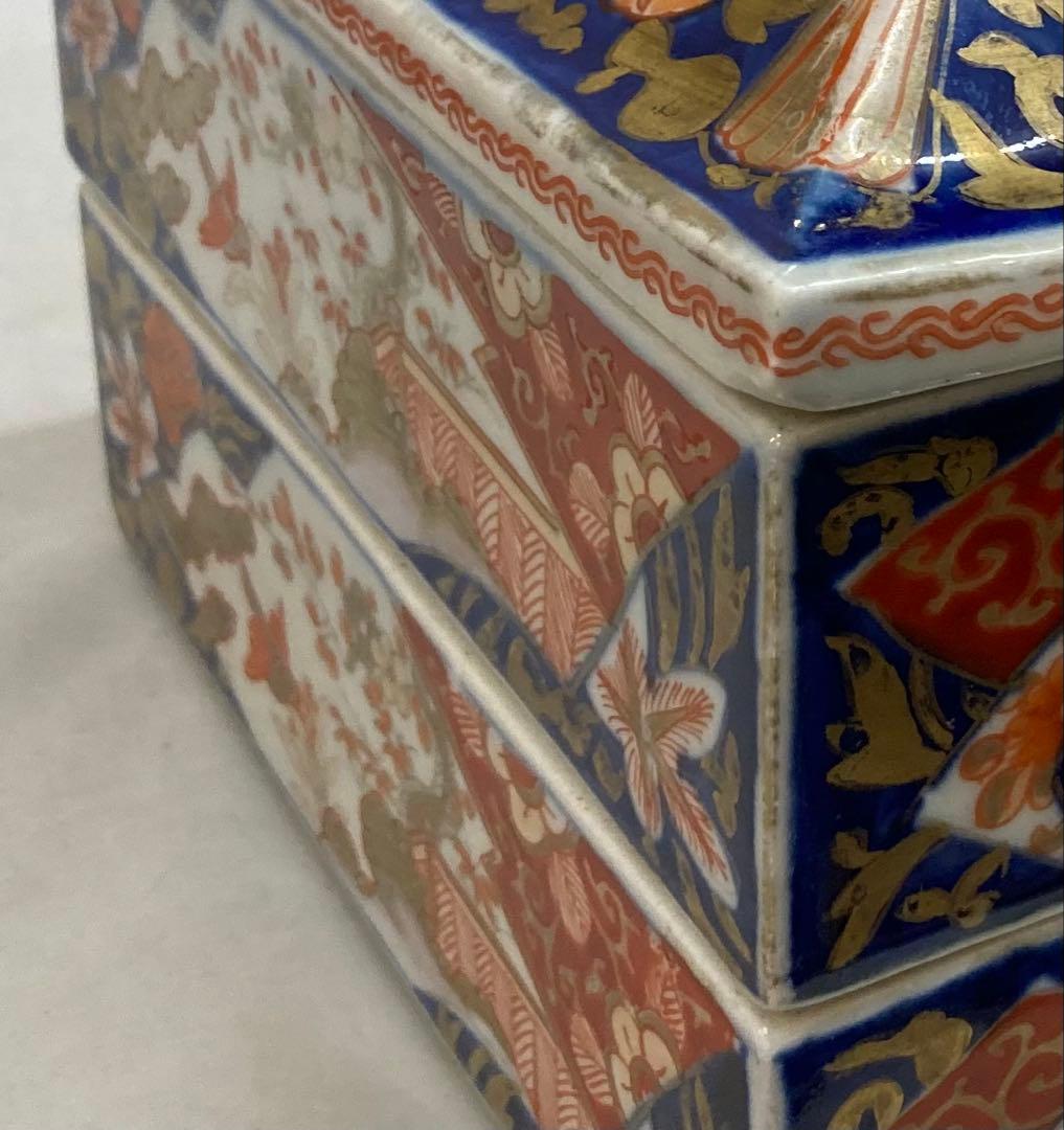 B330s 伊万里焼錦扇面図 二段重箱　食器　江戸・明治時代　有田焼