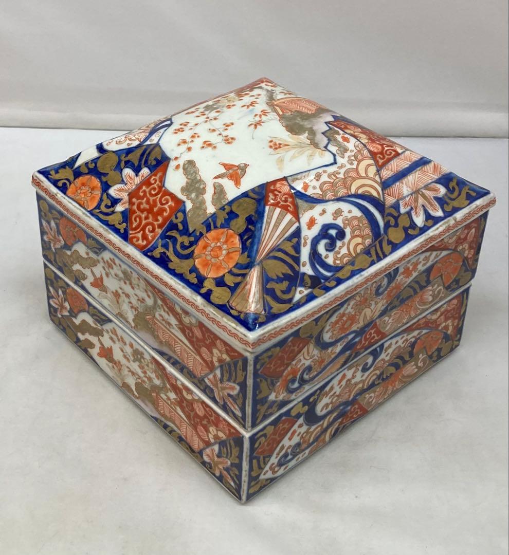 B330s 伊万里焼錦扇面図 二段重箱　食器　江戸・明治時代　有田焼