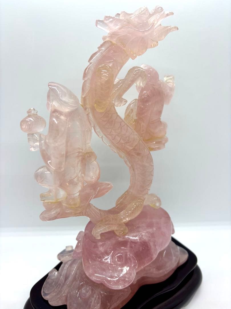 #甲州貴石細工 天然紅水晶（ローズクォーツ） 『龍と恵比寿大黒像』