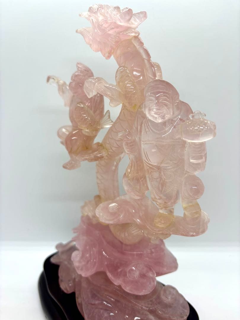 #甲州貴石細工 天然紅水晶（ローズクォーツ） 『龍と恵比寿大黒像』
