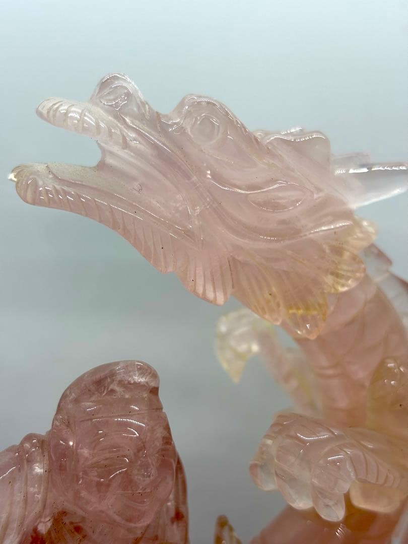 #甲州貴石細工 天然紅水晶（ローズクォーツ） 『龍と恵比寿大黒像』