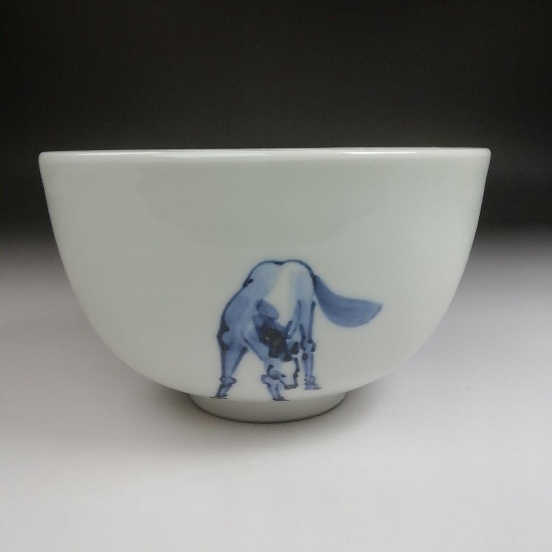 Ｓ９２２　茶碗　『染付馬絵』『平安　寺尾陶象 造』　共箱　抹茶碗　茶道具